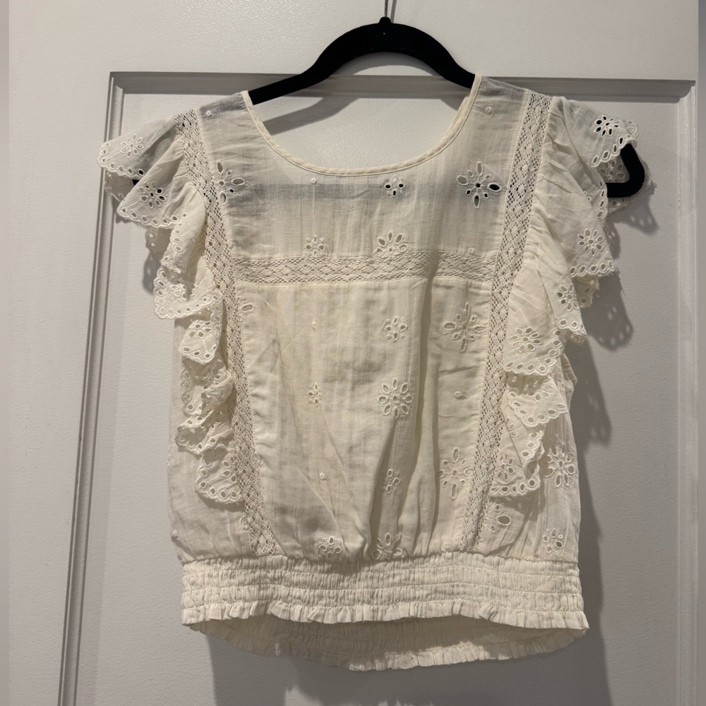 Aerie Cream Ruffled Smocked Blouse